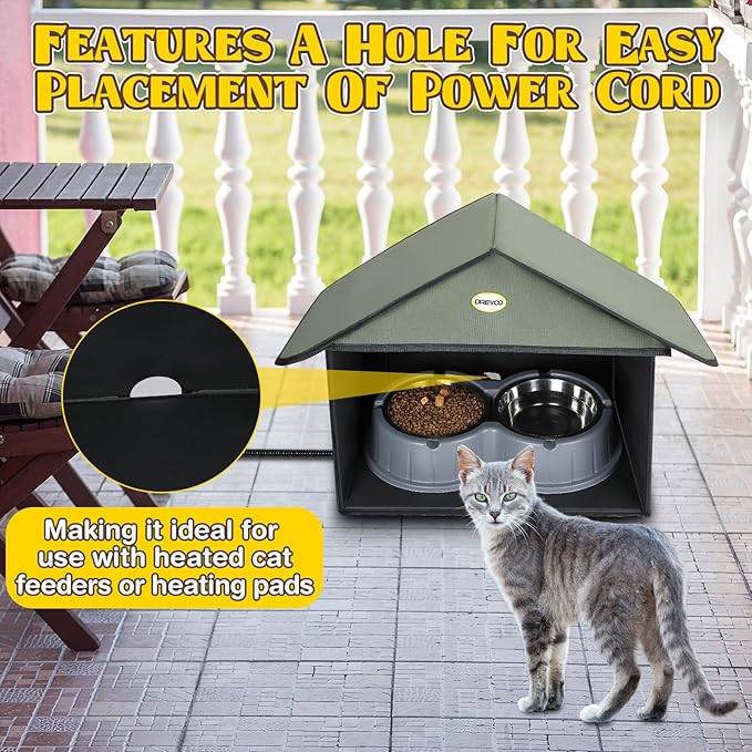 Dreyoo Cat Houses & Condos Outdoor Cat Feeding Station for Food & Water, Weatherproof Outdoor Kitty Dining Room Cats Shelter for Stray, Feral and Community Cats, 13”d x 17”w x 15.5'h(Dark Green)