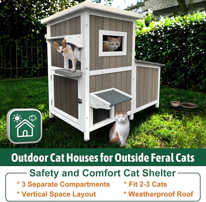 Outdoor Cat House Weatherproof, Two Story Wooden Cat House Outside Feral Shelter with 3 Escape Door, Cat Condo for Small Animals with Openable Asphalt Roof, Grey