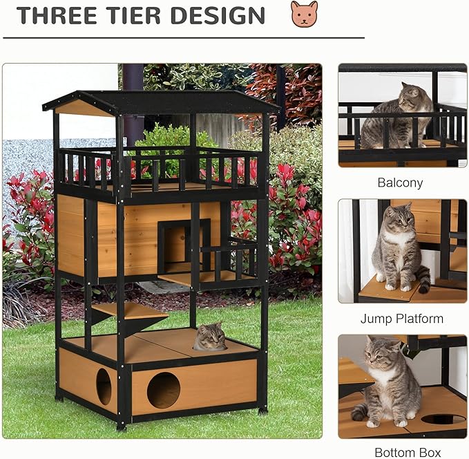 PawHut Wooden Outdoor Cat House, Feral Cat Shelter Kitten Condo with Asphalt Roof, Escape Doors, Condo, Jumping Platform, Yellow