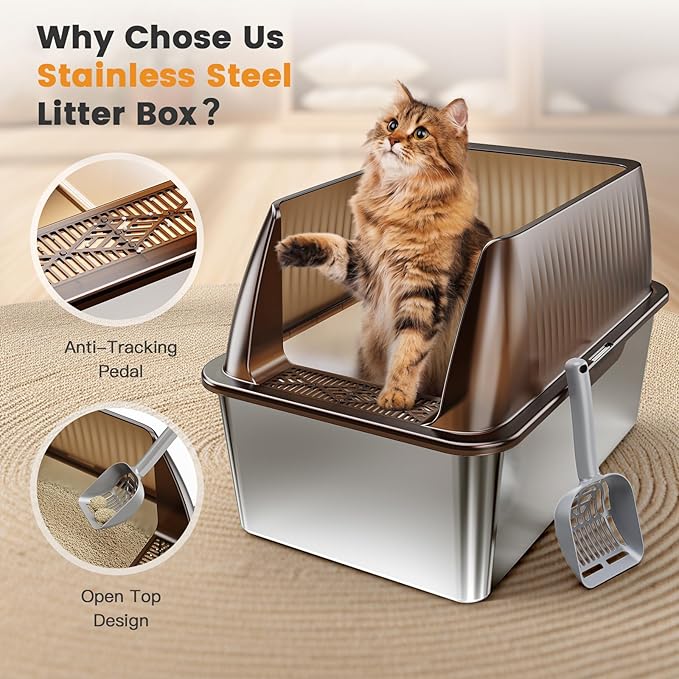 Tripamin 15” XL Stainless Steel Cat Litter Box Enclosure, XXL Stainless Steel High Sides with Lid, Extra Large Metal Cat Litter Box (Translucent Brown, XX-Large)