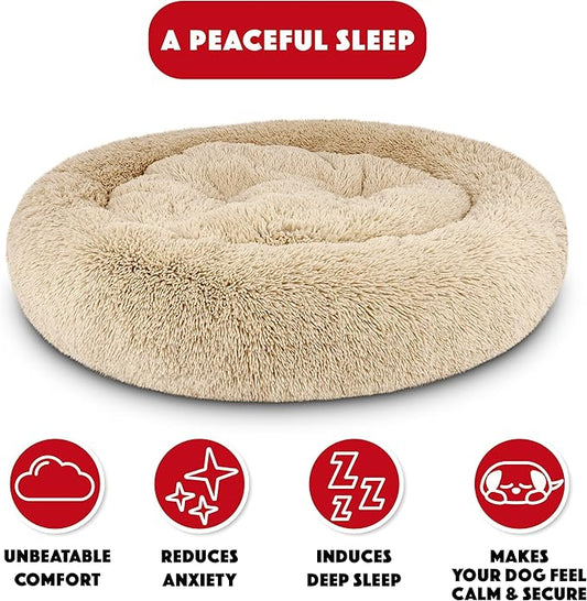 The Dog’s Bed Sound Sleep Donut Dog Bed, XL Beige Fur Calming Nest Bed Removable Cover, Veterinary Approved