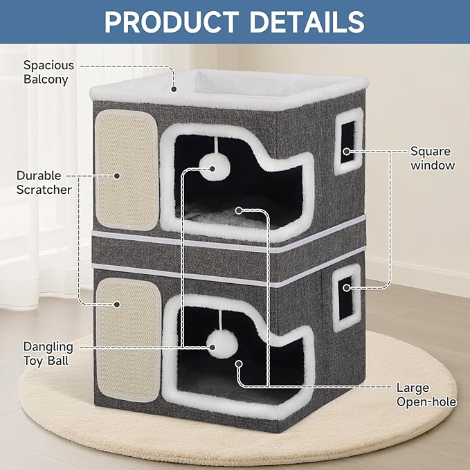 Double Cat Beds for Indoor Cats, 2-Storey Cat House with Large Cozy Hideaways, Dual Purpose Cat Cave Cube with Scratch Pads, Hanging Balls, Foldable Indoor Cat Houses for Multi Cats Kittens Small Pets
