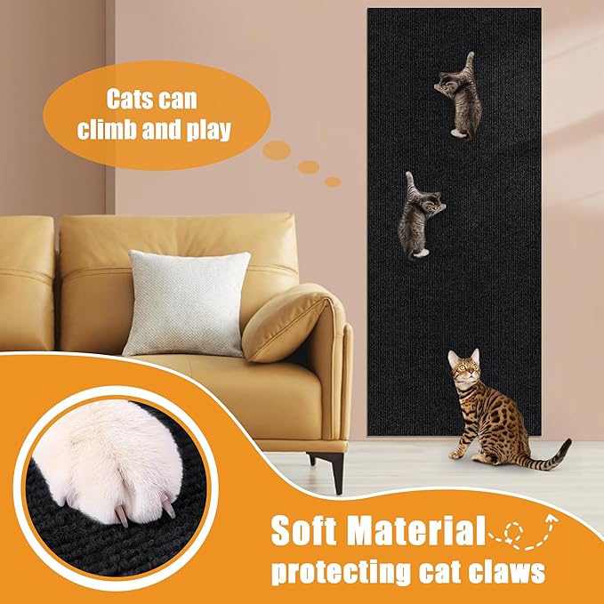 Cat Scratching mat Self-Adhesive, Trimmable Furniture Protector for Couch, Sofa, Wall & Cat Trees - Durable Scratch Pad with Nano Tape, DIY Climbing Carpet for Indoor Cats (Black, 78.7"x15.8")