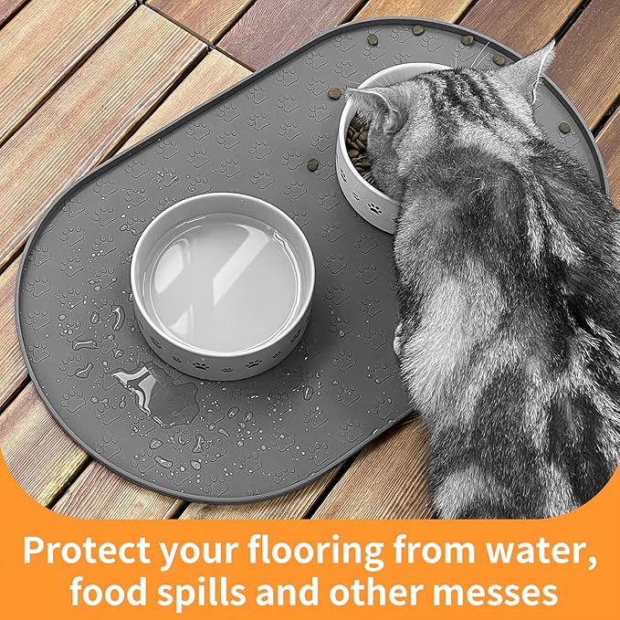 KPWACD Pet Feeding Mat for Dogs and Cats, Silicone Dog Placemat Non-Slip Waterproof Bowl Mats Prevent Food and Water Overflow, High-Lips Puppy Dish Tray Mat Suitable for Large Medium Small Pets, Grey