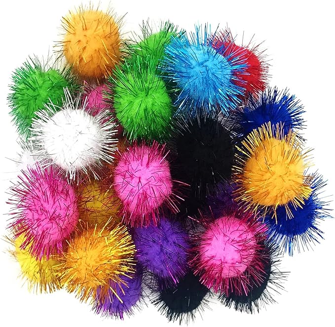 24 Pcs Cat Ball Toys, 1.8 Inch Sparkle Ball, Tinsel Glitter Pom Pom Cat's Favorite Toys, Random Color