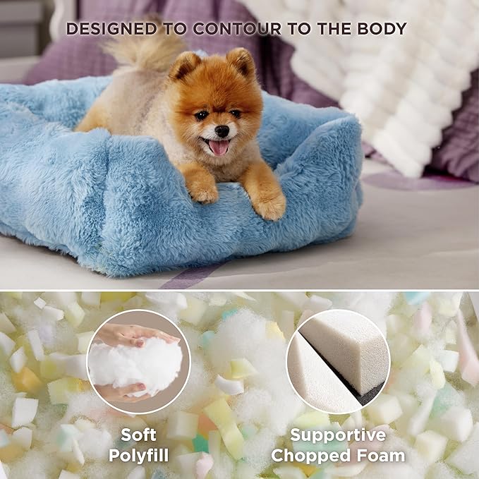 Lesure Fluffy Dog Beds for Small Dogs - Orthopedic Rectangle Calming Pet Sofa, Plush Bubble Bolster Puppy Bed with Removable Washable Cover and Nonskid Bottom,25x21x7inches,Blue
