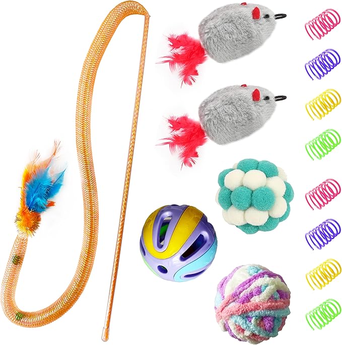 Cat Toys Set for Indoor Cats – 14PCS Cat Toys with Teaser Wand, Mouse, Ball, Spring Toys for Kittens, Interactive Cat Teaser Toys for Bored Cats Exercise and Play