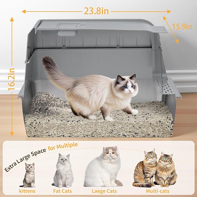 Stainless Steel Litter Box with Lid, XL Extra Large Cat Litter Box, Enclosed Metal Litter Pan with High Sided Enclosure & Scoop, Anti Leakage, Easy to Clean, Odor Control(Grey)