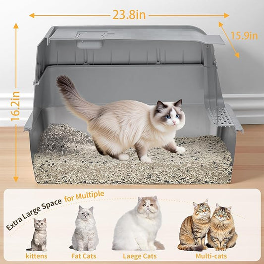 Stainless Steel Litter Box with Lid, XL Extra Large Cat Litter Box, Enclosed Metal Litter Pan with High Sided Enclosure & Scoop, Anti Leakage, Easy to Clean, Odor Control(Grey)