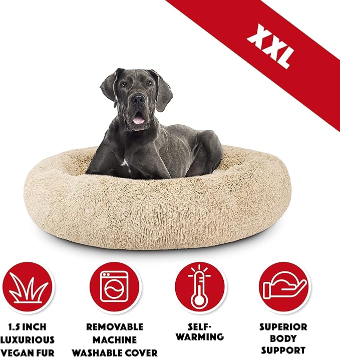 The Dog’s Bed Sound Sleep Donut Dog Bed, XXL Dog Beige Fur Calming Nest Bed Removable Cover, Veterinary Approved