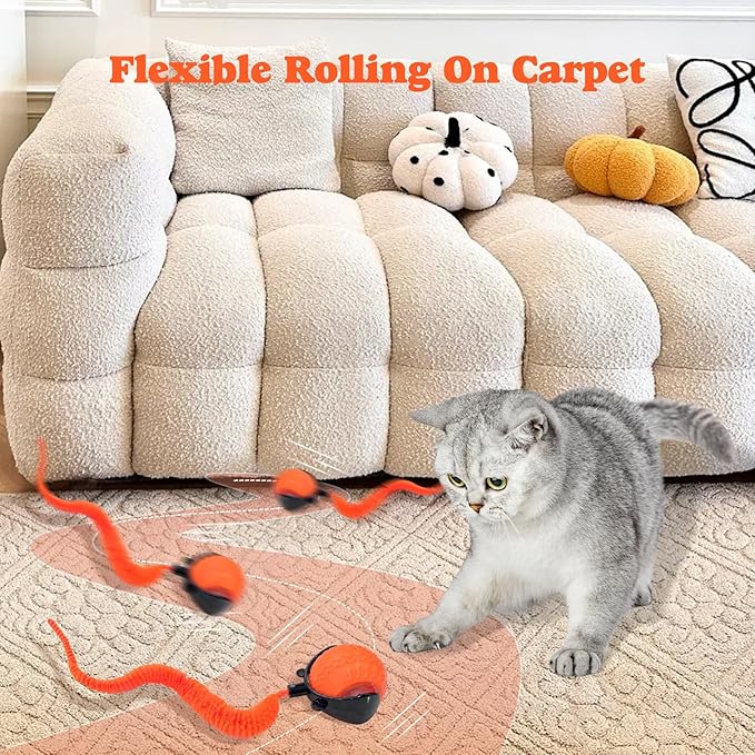 Interactive Cat Ball Toy, Upgraded Automatic Rolling Cat Ball with Tail 2.0 and Type C Cord, Touch Activated Moving Toy for Cats and Dogs (Orange)