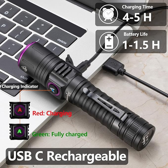 ALONEFIRE SV103 395nm UV Flashlight USB C Rechargeable Black Light Woods Lamp Money Detector for Resin Curing, Pet Urine Detection, Scorpion, Fishing, Minerals, Rocks, Bed Bug, Leaks with Battery