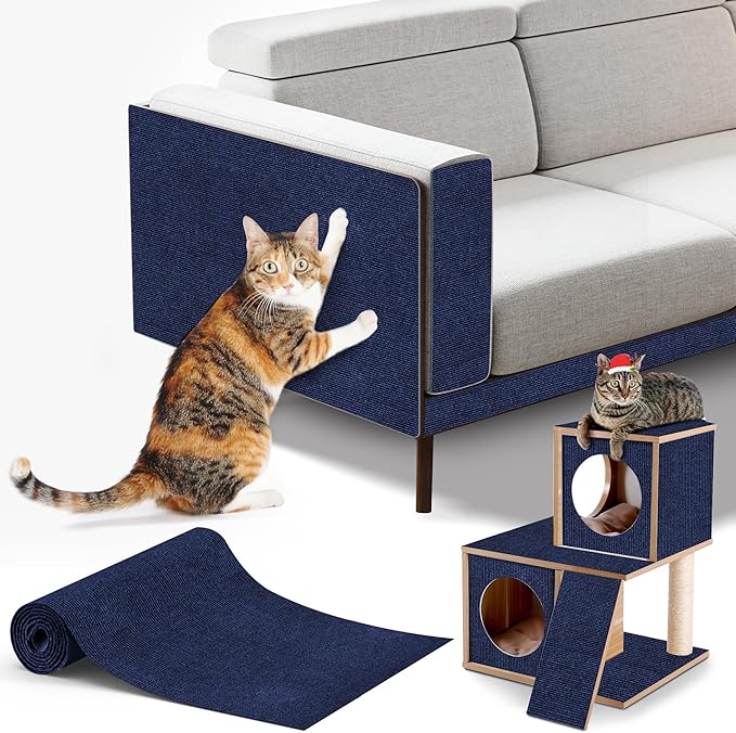 Cat Scratching mat Self-Adhesive, Trimmable Furniture Protector for Couch, Sofa, Wall & Cat Trees - Durable Scratch Pad with Nano Tape, DIY Climbing Carpet for Indoor Cats (Dark Blue, 23.6"x15.8")