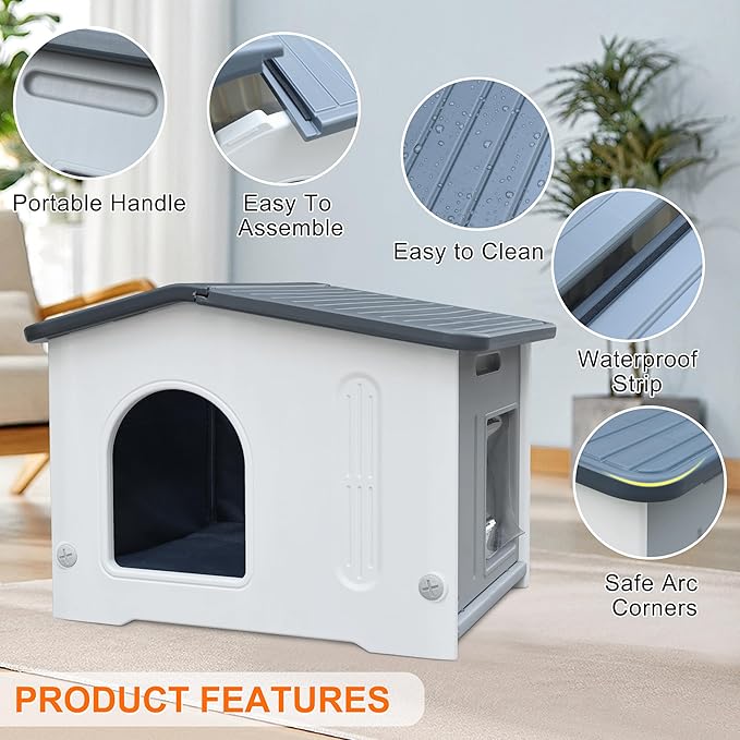 Rockever Plastic Outdoor Indoor Cat House with Insulated Liner, 100% Insulated Outdoor Cat Houses for Winter Feral Cats, Waterproof Escape Door Design, Assemble Easily-Grey