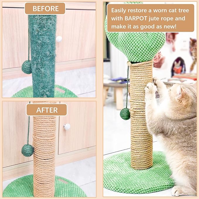Rope for Cat Scratching Post - BARPOT Natural Hemp Rope for Scratching Post, 1/4 inch cat rope scratching Post, replacement rope for cat tree (100FT)
