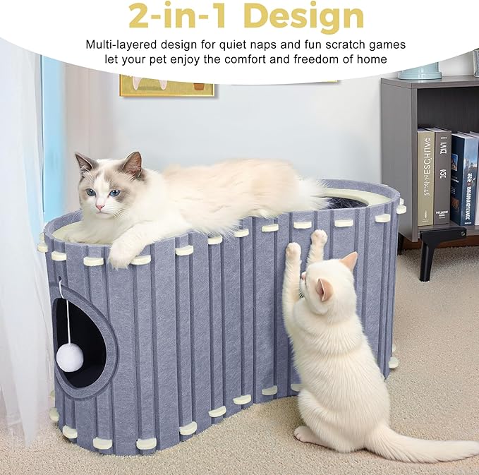 Babepets Cat House for Indoor Cats, Large Felt Bed Cave with Ball Hanging, Foldable Cat Condo, Scratch Resistant Peekaboo Hideaway for Multiple Pets up to 20Lbs, Cat Tunnel Enclosed Bed, Grey
