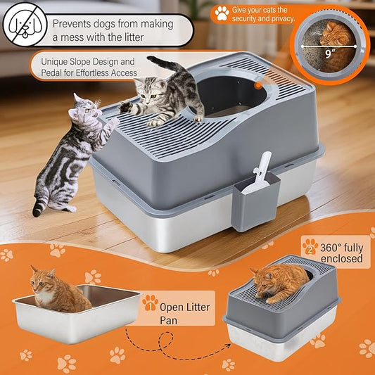 Top Entry Cat Litter Box with Lid, Stainless Steel XXL Enclosed Cat Kitty Litterbox, Extra Large Metal High Side Litter Pan Tray Box Enclosure Easy Cleaning Anti-Leakage