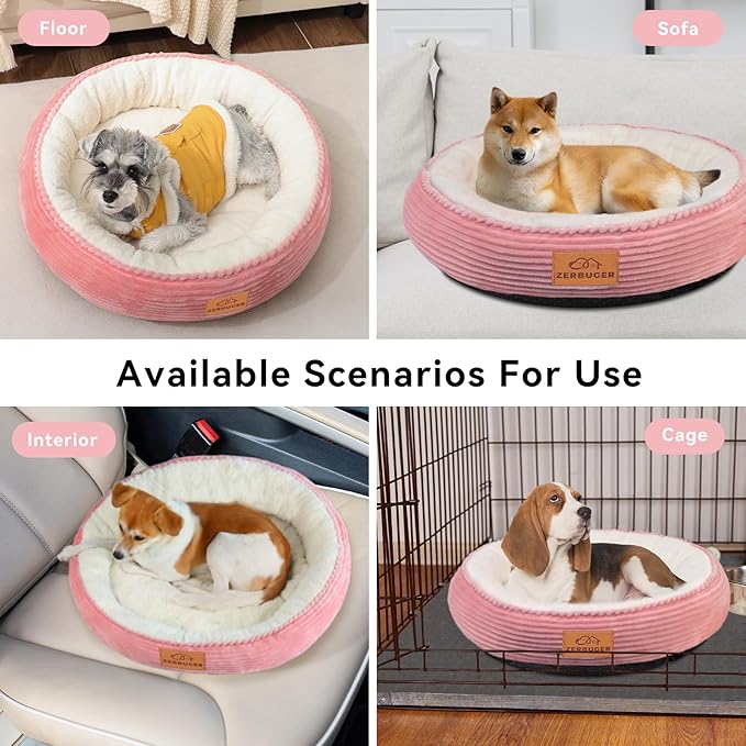 30in Round Dog Bed Sofa for Small/Medium/Large Dogs, Machine Washable Supportive Foam Pet Couch with Washable Removable Mat and Non-Slip Bottom, Pet Cuddler for Indoor/Outdoor/Car/Cage, Pink