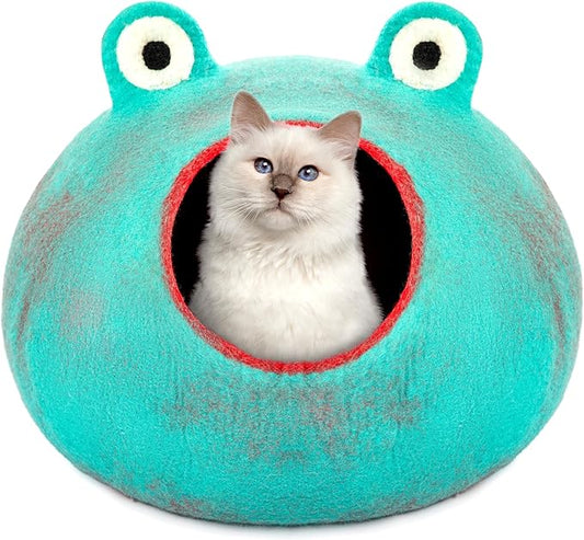 Luxurious Eco-Friendly Merino Wool Cat Cave Frog - Foldable Hideaway Pod for Indoor Cats - Premium Felt Kitten Beds - Covered Cat House for Ultimate Cozy Comfort by Woolygon