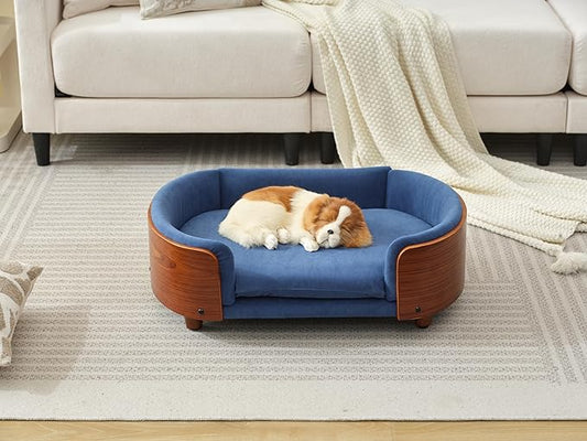 HomSof 30.7" Scandinavian Style Elevated Dog Bed Pet Sofa with Solid Wood Legs and Bent Wood Back,Velvet Cushion,Mid Size,Navy+Brown