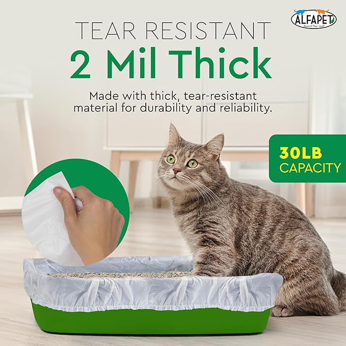 Alfapet Elastic Cat Litter Box Liners - Super Jumbo 13 Count - Tear-Resistant Cat Litter Bags, Waterproof Kitty Litter Liners - Fits Litterbox Pan Sizes X-Giant, Jumbo 42" x 20" x 2 MIL 30 lb Capacity