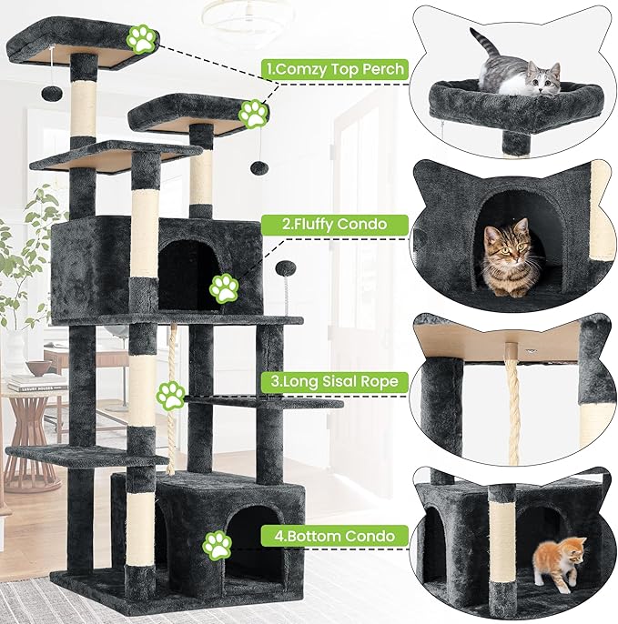 69in Large Cat Tree Tower for Indoor Cats with Soft Plush Hang Ball, Two Condos, Sisal Scratch Posts & Rope Play for Kittens/Adult Cats, Deep Grey
