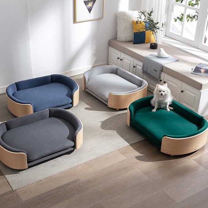 HomSof 38.58" Scandinavian Style Elevated Dog Cat Bed Pet Sofa with Solid Wood Legs and Bent Wood Back with Velvet Cushion,Large Size，Light Grey