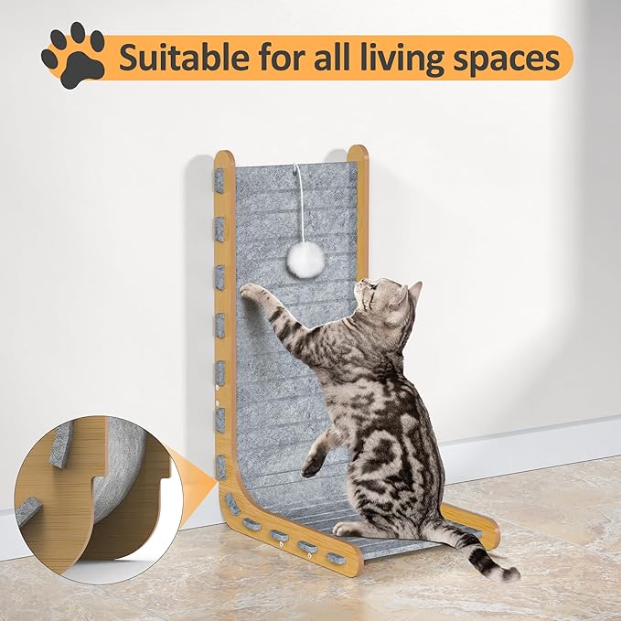 Felt Cat Scratcher for Indoor Cats, 26.8 Inches L Shape Scratching Board Vertical Cat Scratch Post with Fluffy Ball Hanging, Scratch Resistant Felt Cat Scratching Pad, Large