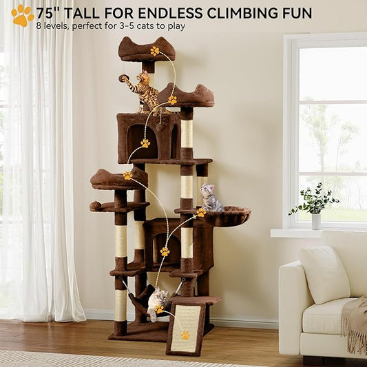 YITAHOME 75-Inch Tall Cat Tree Indoor: Multi-Level Kitten Tower with Kitty Condos, Top Perches, Sisal Ramp, Scratching Posts & Cozy Basket Hammocks Pet Play House Brown