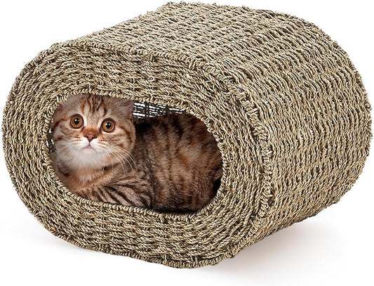 Cat House,Handwoven Cat Cave Pet Cube, Natural Cat Beds Indoor Kitten House with Double-Sided Soft Cushions, Pet Cat House for Multiple Cats, for Living Room Bedroom