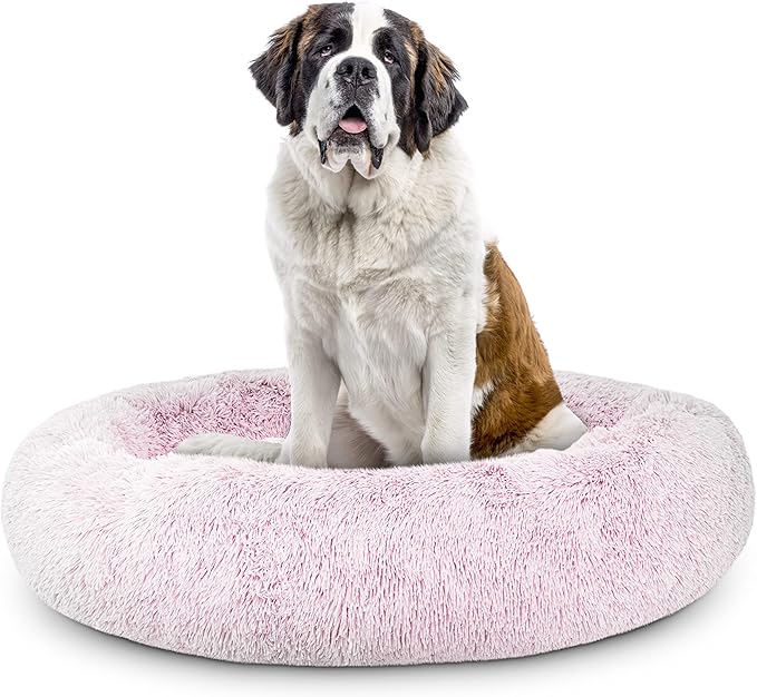 The Dog’s Bed Sound Sleep Original Donut Dog Bed, XXL Rose Pink Plush Removable Cover Calming Nest Bed, Veterinary Approved