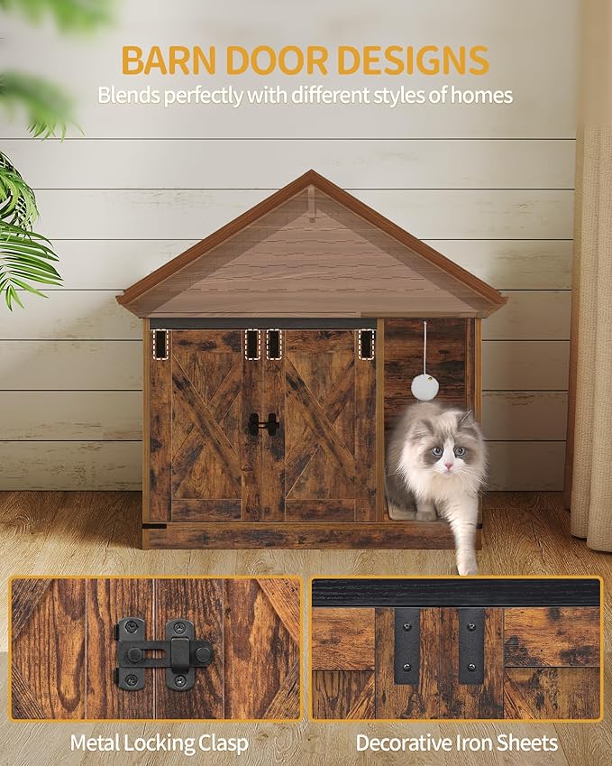 Cat Litter Box Enclosure, Hidden Litter Box Cabinet Furniture with Bell, Indoor Cat House, Farmhouse Style, 31.5 x 19.7 x 20.9Inches, for Hallway, Bedroom, Rustic Brown and Black CB82401X