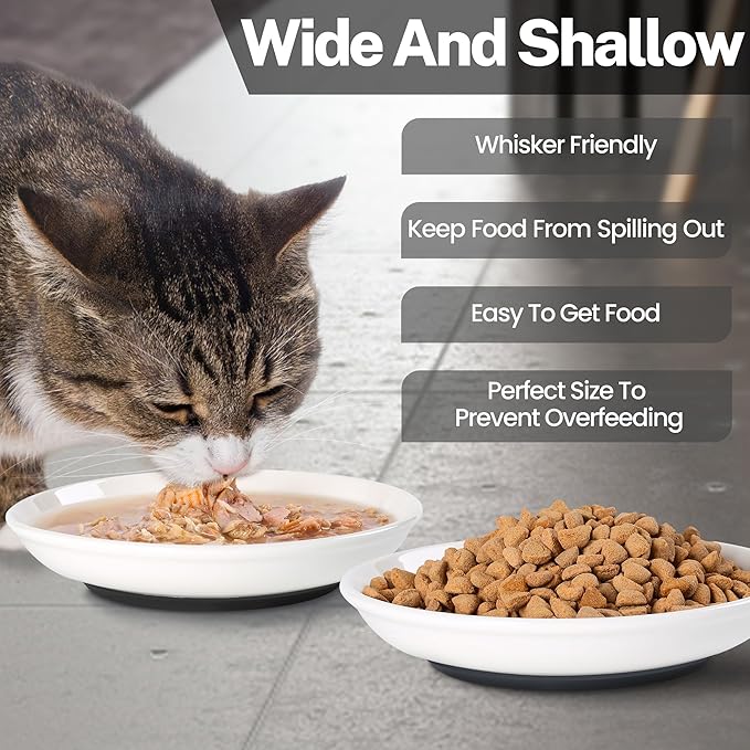 5.9 inch Ceramic Cat Bowls,Wide&Shallow Dishes,Whisker-Friendly Plates with Non-Slip Silicone Bottom, Healthy Pet Feeding Bowls indoor-10oz,3pack