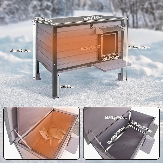 Insulated cat House Outdoor Weatherproof for Winter, Feral Cat Shelter with Insulated Liner, All Round Metal Frame Wooden Condos, Indoor and Outdoor Use for Cat, Rabbit and Small Animal