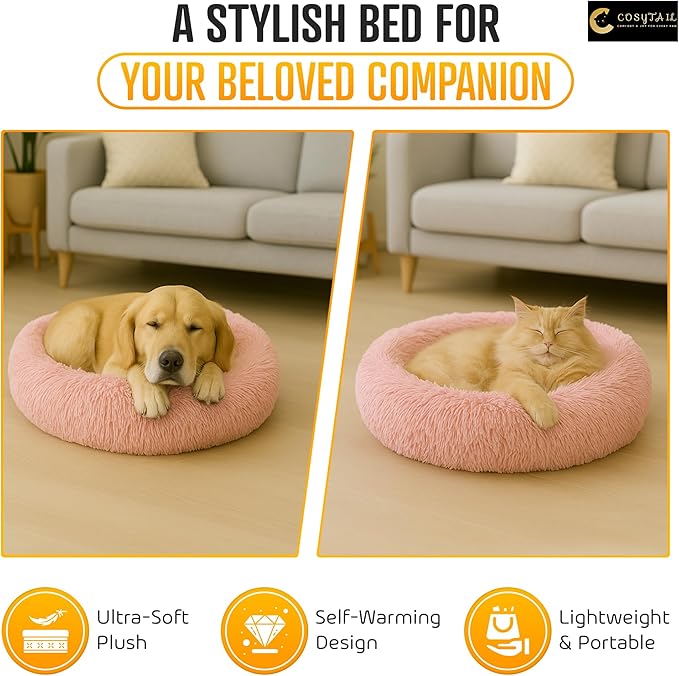 Anti-Anxiety Donut Pet Bed, Round Plush Faux Fur, Washable, Small to Medium Dogs and Cats (Pink, Large)