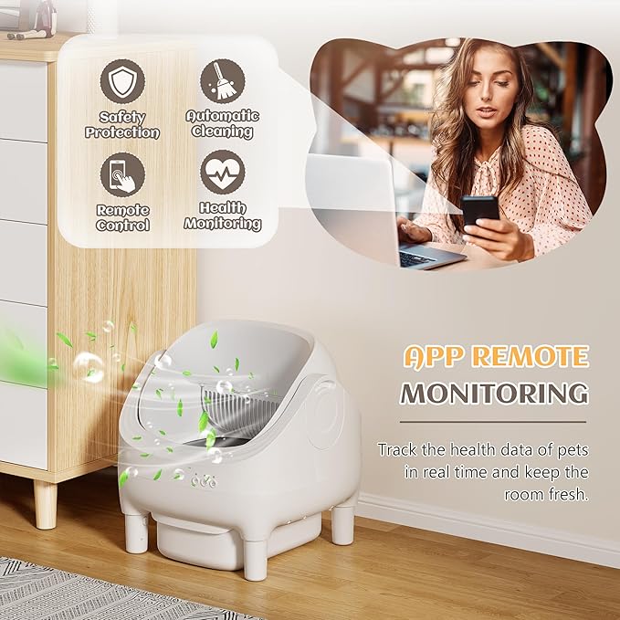 Greesum Automatic Self-Cleaning Litter Box for Cats - Open-Top Design, Easy Odor Control, Smart APP Control, 15L Large Waste Bin, Includes Trash Bags & Mat (White)