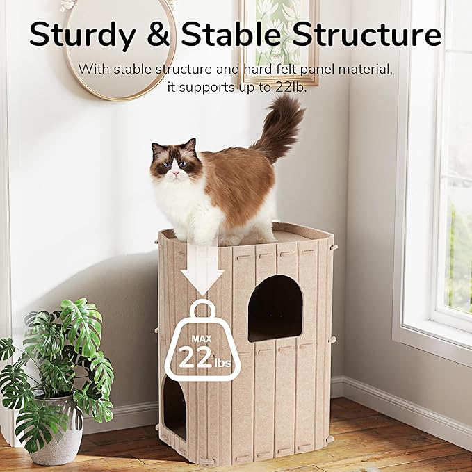 FUKUMARU Cat House for Indoor Cats, 2-Storey Large Cat Bed Cave, Cozy Felt Covered Cats Tunnel Condo Hideaway for Multicats, 17.72x14.37x23.62 inches, Beige