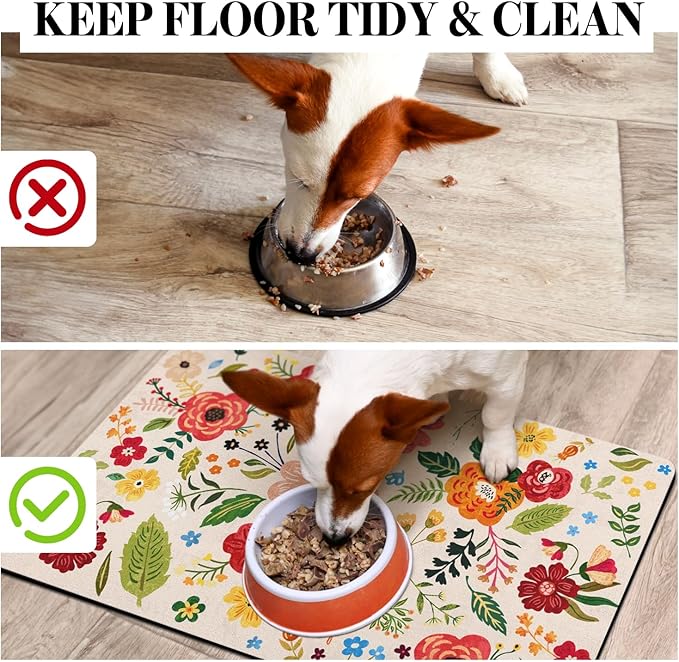 Dog Food Mats for Floors, Absorbent Quick Dry Pet Cat Food Mat, Dog Bowl Mats for Food and Water Dispenser Mat, Eco-Friendly Dog Accessories Pet Supplies 12""x20"", Floral White