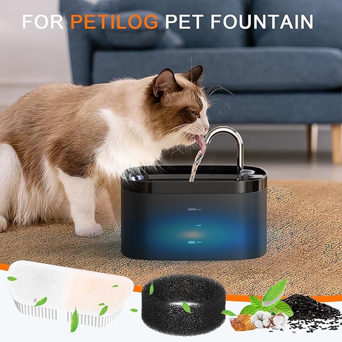 Cat Water Fountain Filters for 84oz/2.5L Petilog Pet Water Dispenser Fountain (8 Filters& 8Sponges)