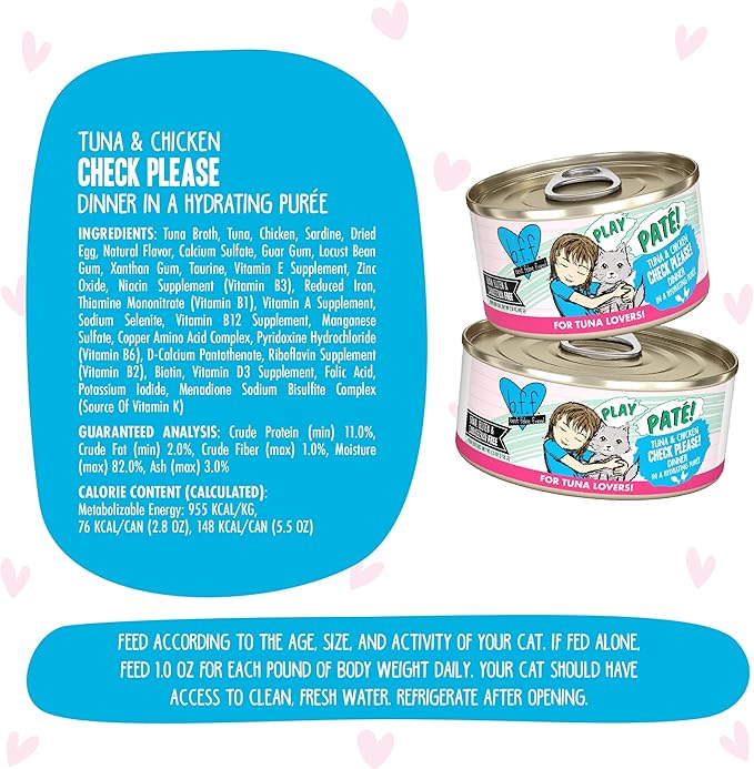 Weruva B.F.F. Play - Best Feline Friend Paté Lovers, Aw Yeah!, Tuna & Chicken Check Please! with Tuna & Chicken, 5.5oz Can (Pack of 8)