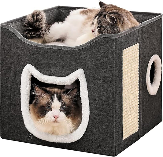 Cat Beds for Indoor Cats, Large Cat Cave with Fluffy Ball and Scratch Pad, Foldable Cat Scratch House with Hideaway Condo for Kitten,16x16x14.5inch,Grey