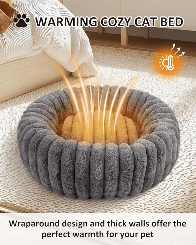 Round Cat Bed Kitten Beds, Gray Donut Small Cats Bed, Washable Super Soft Plush Faux Fur Pet Beds with Anti-Slip Bottom, 20x20x7 Inch Cat Cave Beds Calming Bed Cute Puppy Beds for Indoor