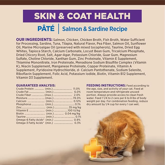 Wellness CORE+ Skin & Coat Pate Adult Wet Cat Food, Natural, Protein-Rich, Grain Free, 2.8 Ounce, 12 Pack (Salmon & Sardine)