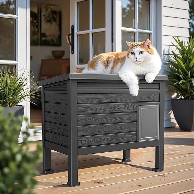 DRATO Outdoor Cat House,Weatherproof Feral Cat Shelter with Raised Floor,Warm,PP Material,Outdoor Feral Cat House for Cats and Small Animals,with Door,Easy to Assemble (Black, Large)