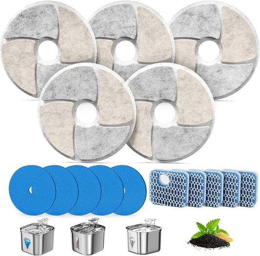 Cat Pet Water Fountain Filters, 5 Pack Replacement Filters Fit for Square 2.2L/73oz Automatic Pet Fountain, Diameter 4.1 Inch Filter with Triple Filtration System (5+5+5)