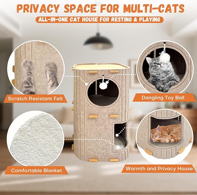 Homegroove Cat House for Indoor Cats, 2-Storey Cozy Felt Cat Bed Cave with Tunnel Hideaway, Large Multi-Cat Condo for Rest & Play (Camel, Large)