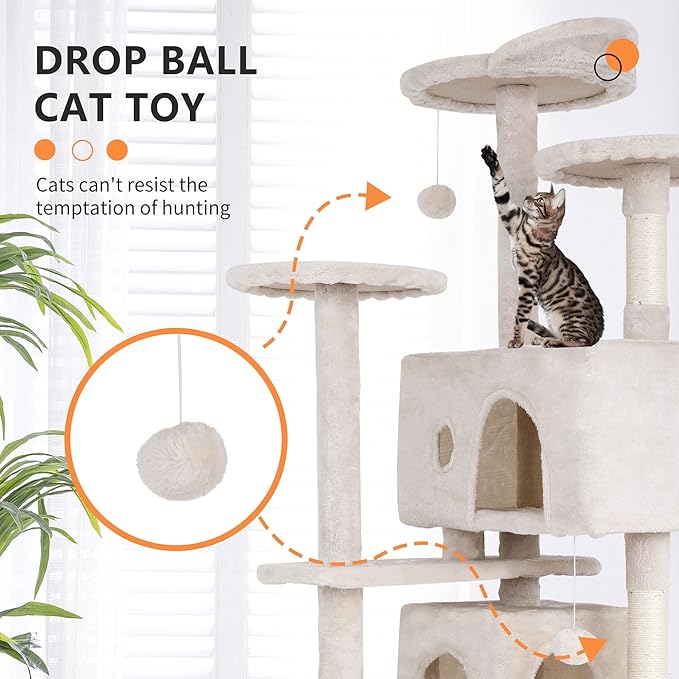 BestPet | 70" Cat Tree Tower | Beige | Sturdy, Easy to Assemble, Multi-Level Activity Center with Sisal Scratching Posts, Condos, Perches, Hanging Cat Toys, Observation Decks & Ladder