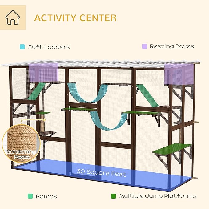 PawHut Catio Outdoor Cat Enclosure Window, Outdoor Cat House with Weather Protection Roof for Multiple Kitties, Wooden Frame, Shelves & Bridges, 118" x 37.5" x 74", Coffee Brown