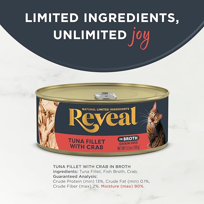 Reveal Natural Wet Cat Food, 12 Count, Grain Free, Limited Ingredient Canned Food for Cats, Tuna Fillet with Crab in Broth, 5.5 oz Cans