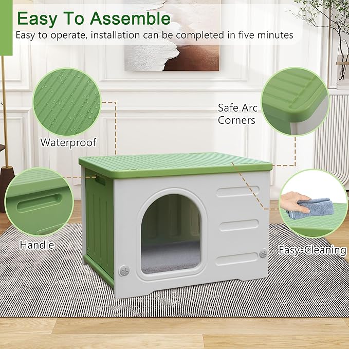 Plastic Cat House Outdoor & Indoor, Waterproof Feral Cat Houses with Escape Door, Sturdy Outdoor Cat House with Bed Mat, Outside Cat Shelter for Small Pet, Assemble and Clean Easily-Green
